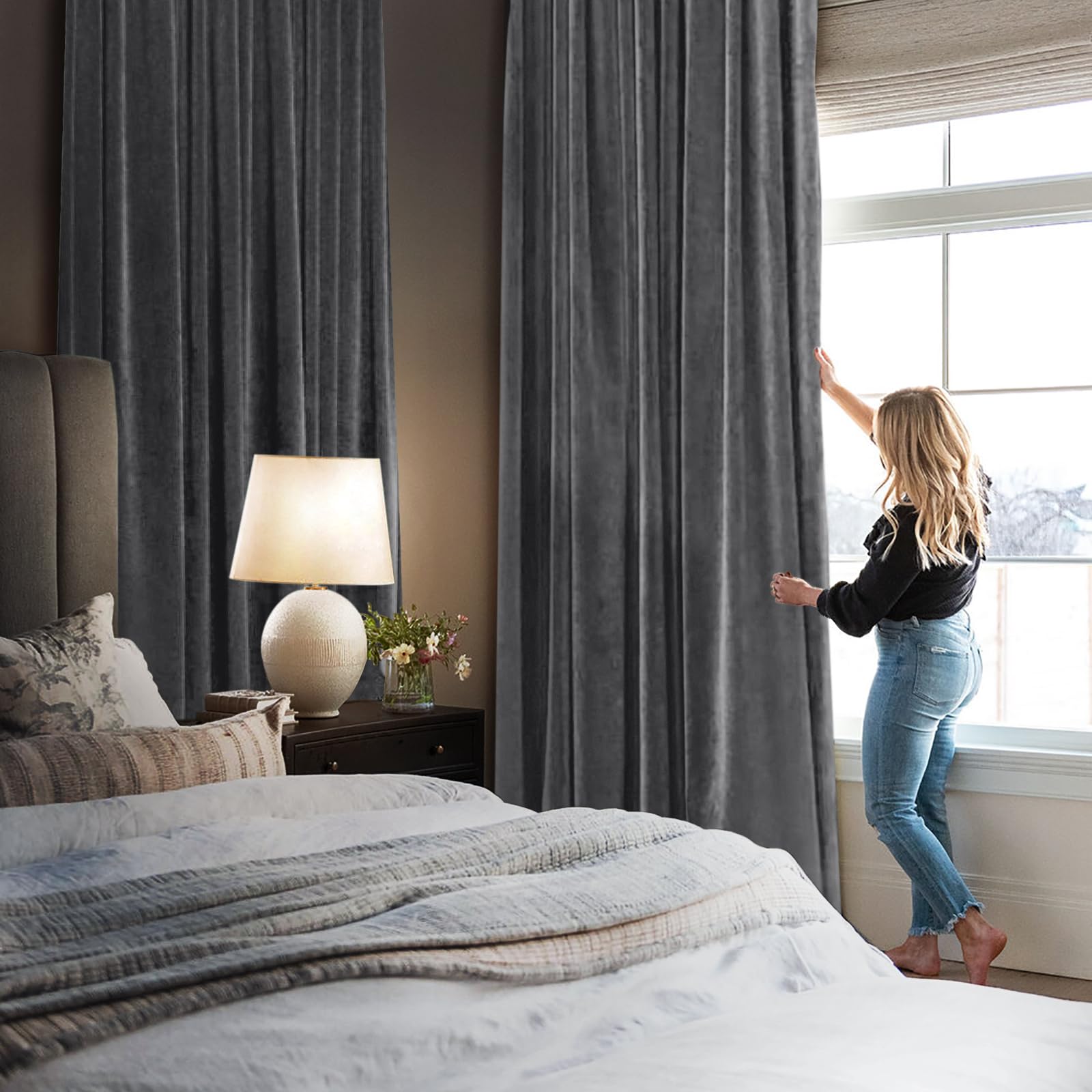 MIULEE 100% Blackout Velvet Curtains 63 Inches Long Dark Grey Curtain Drapes for Luxury Bedroom Living Room Darkening Thermal Insulated Grommet Curtains for Light Blocking Set of 2