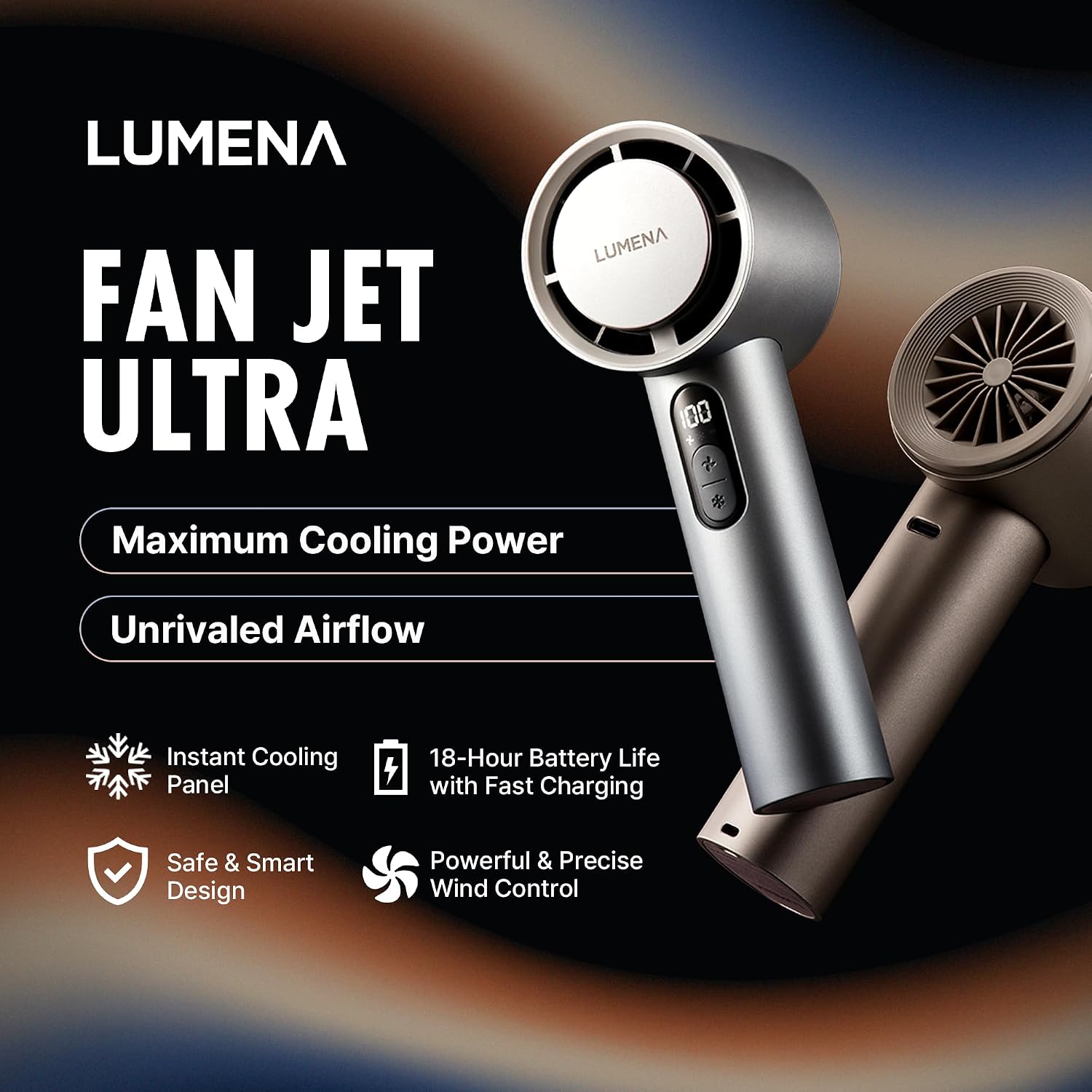 LUMENA Fan Jet Ultra - Turbo Handheld Fan with Peltier Ice Cooling System| USB Type C Rechargeable, 10–100 Speed Settings, 14,000 RPM, 4800mAh Battery, Portable for Travel/Home/Office (Gray)