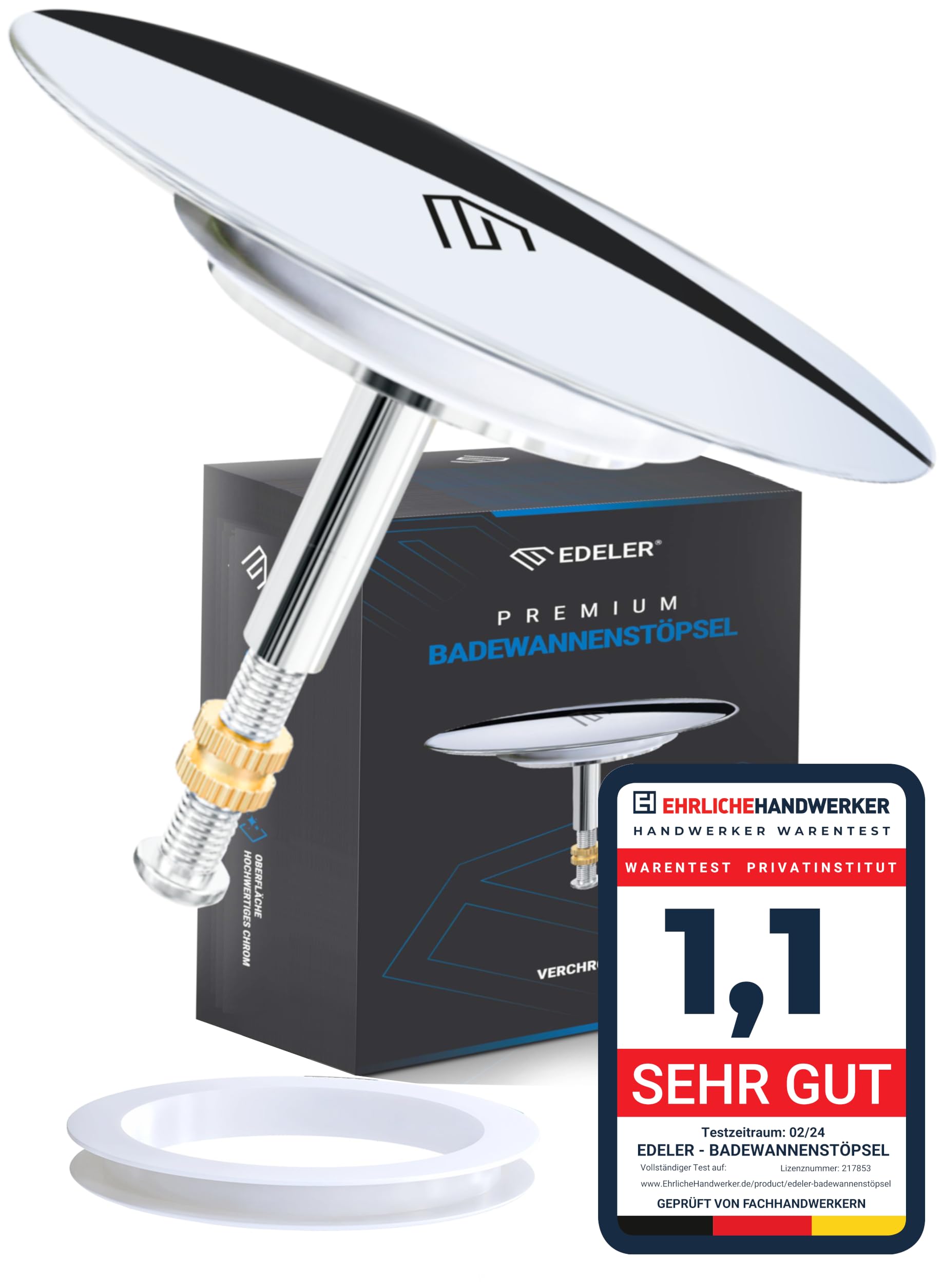 EDELER | 2-teilig | Badewannenstöpsel Universal Passform | Badewannen Stöpsel Verschluss Ø 72 mm | Rostfrei Verstellbarer Badewannen Stopfen | für Jede Badewanne Dicht + GRATIS Alternativdichtung