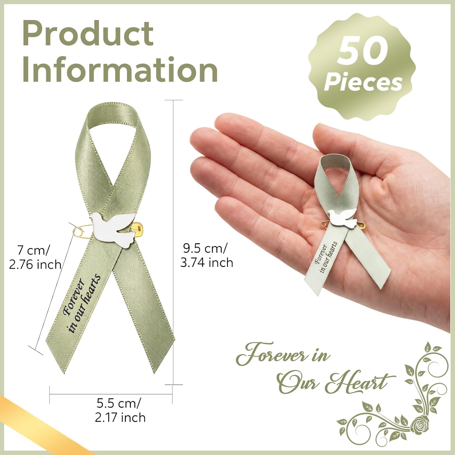 Geosar 50 Pcs Dove Funeral Ribbons Memorial Ribbon Funeral Pins Classic Memorial Service Respect Ribbon Bow with Safety Pins and Dove for Mourning Remembrance Day Event(Sage)
