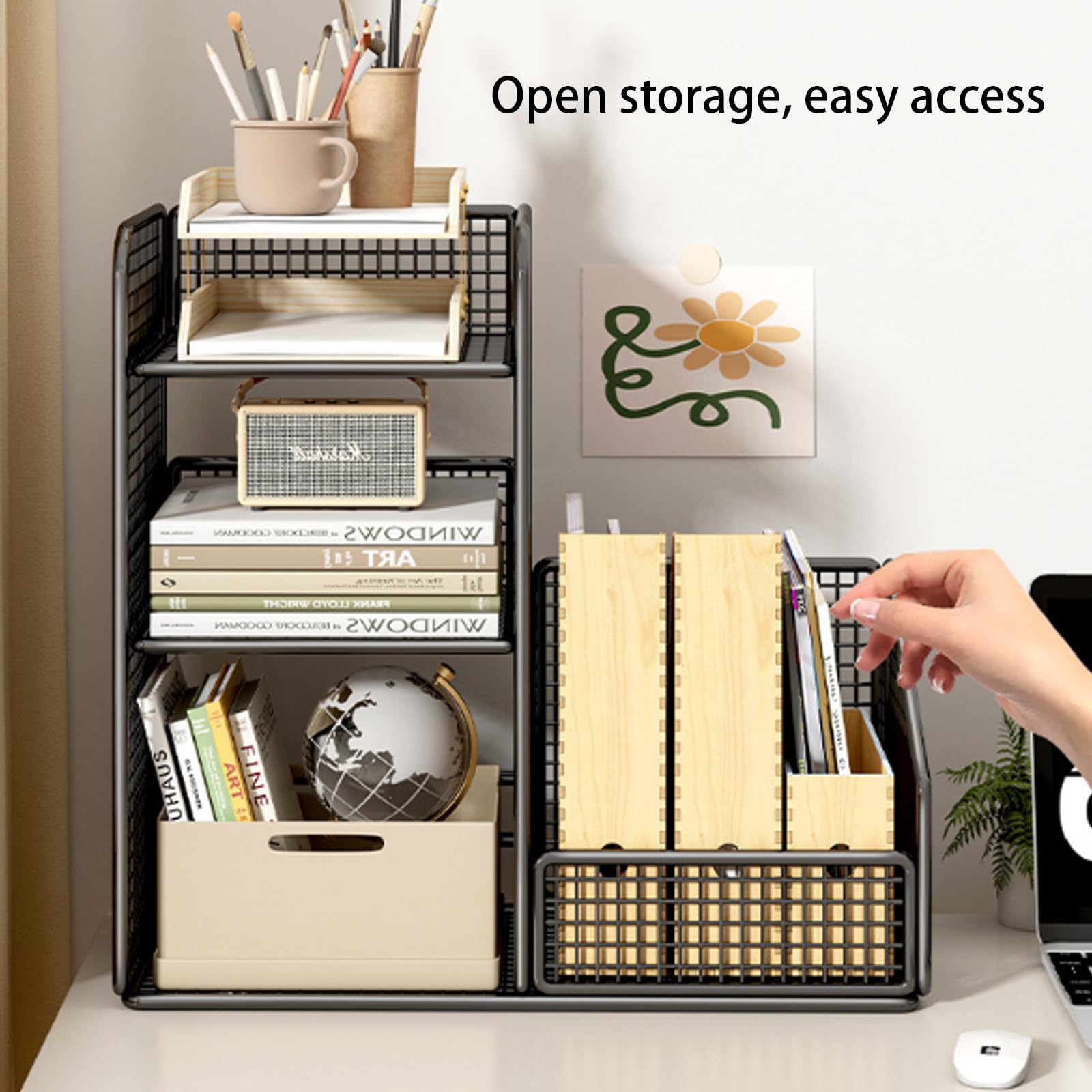 Organizer da scrivania in Rete con Porta cancelleria, ripiano per scrivania in Rete Metallica per Documenti cartacei e organizzazione di cancelleria, Design Resistente ed Elegante per Uso do