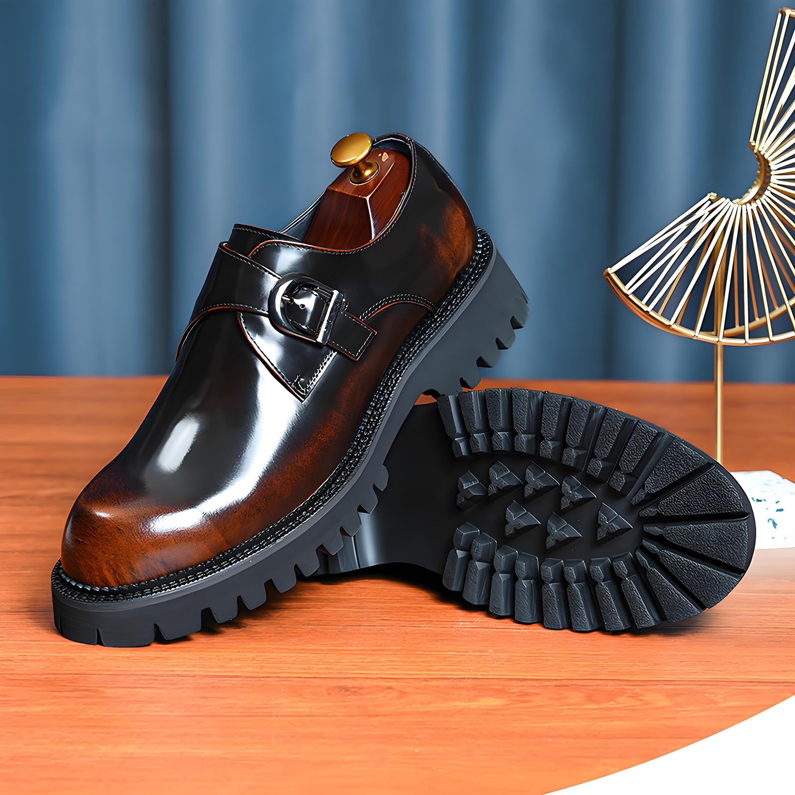 Męskie buty do sukienki biznesowej na co dzień i do biura, antypoślizgowa gumowa podeszwa, podwyższające wsparcie, oddychające skórzane oksfordy, Brązowy, 38.5 EU