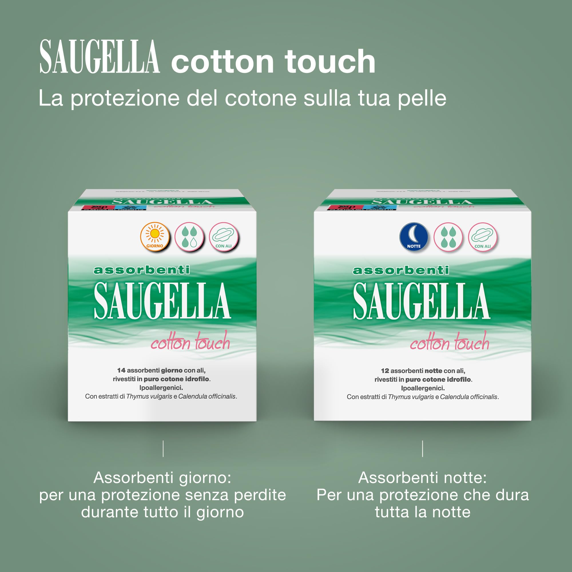 Saugella Assorbenti Cotton Touch Notte, 36 Assorbenti Cotone Notte con Ali, Azione Antibatterica, Antiodore e Lenitiva
