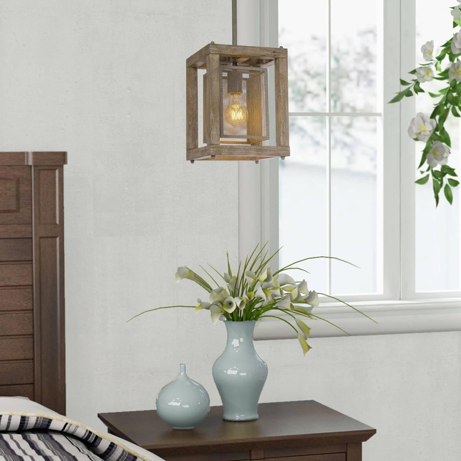 LOG BARN Farmhouse Pendant Lights Kitchen Island, 8'' Square Distressed Wood Pendant Light Fixtures, Rustic Kitchen Pendant Lighting Over Island