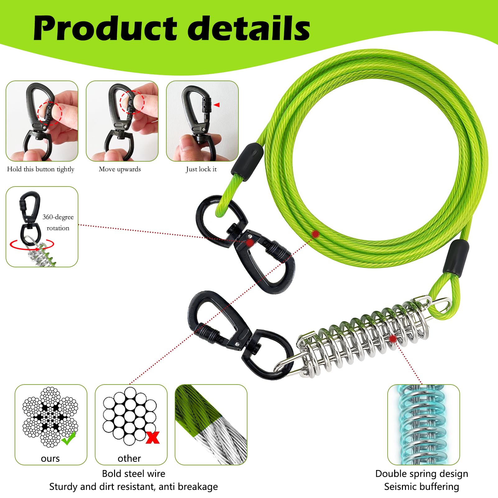 Guinzaglio esterno,resistente da 4 mm, per cani con gancio girevole, cavo in acciaio leggero, guinzaglio per giardino, terreno libero e viaggi (3m)