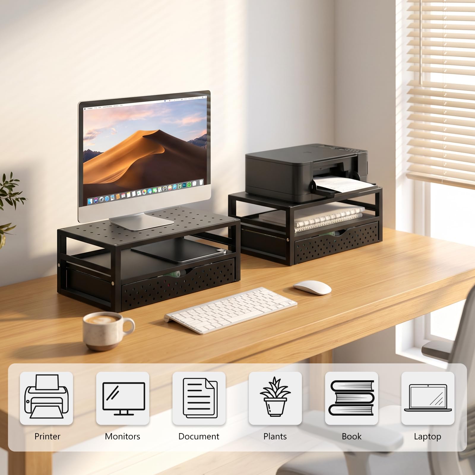 WALI Desk Organizer with Drawer，Computer Monitor Stand with Storage, Desk Organizers and Accessories for Computer, Printer, Laptop Riser for Home Office Supplies, (PTT005-B), 1 Pack, Black view 8
