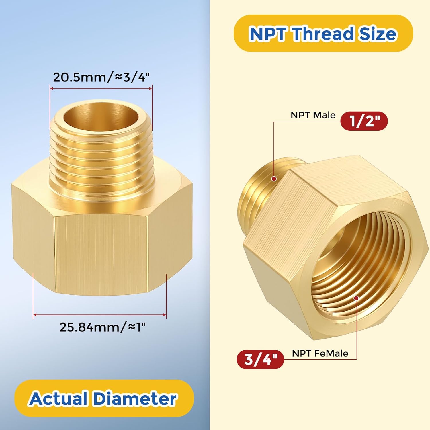 5 Packs Brass Pipe Fittings, 3/4" FeMale NPT to 1/2" Male NPT Brass Pipe Extension Connectors, Reducing Adapters for Air, Oil, LP