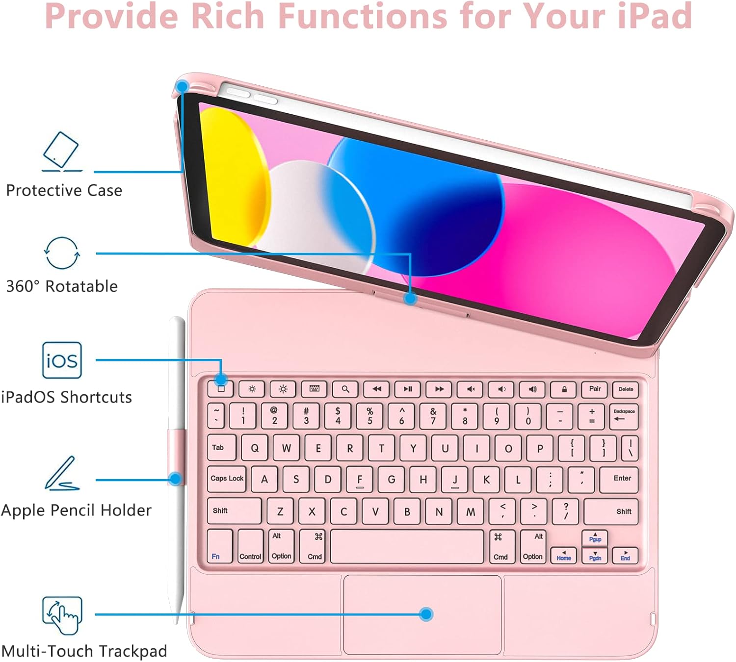GGH Touch Keyboard Case for iPad (A16) 11th Generation 11 inch 2025&10th Gen 10.9 inch 2022, 360° Rotate for iPad 10th Generation Case with Keyboard with Pencil Holder Rose Gold - Image 3
