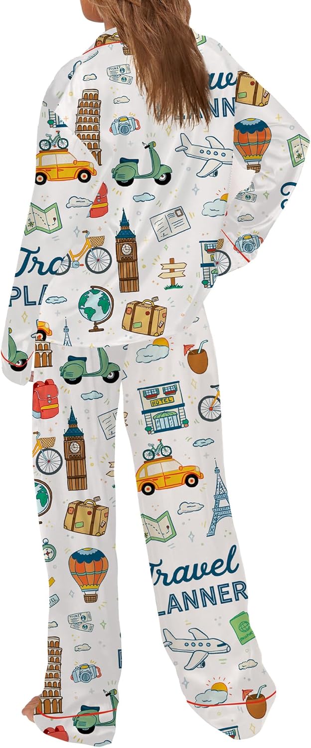 SHESHOW Womens Pajama Sets Long Sleeve Button Down Silky Pjs Travel Print Satin Pajama Set for Women 2 Piece
