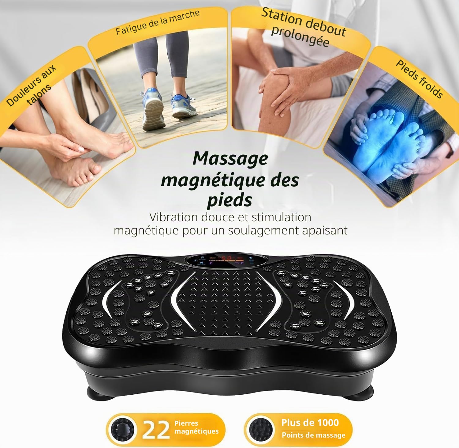 EVOLAND Plaque de Vibration Fitness Machine avec Haut-Parleur Bluetooth, 5 Modes, 2 Bandes de Résistance, Charge Max 150 kg