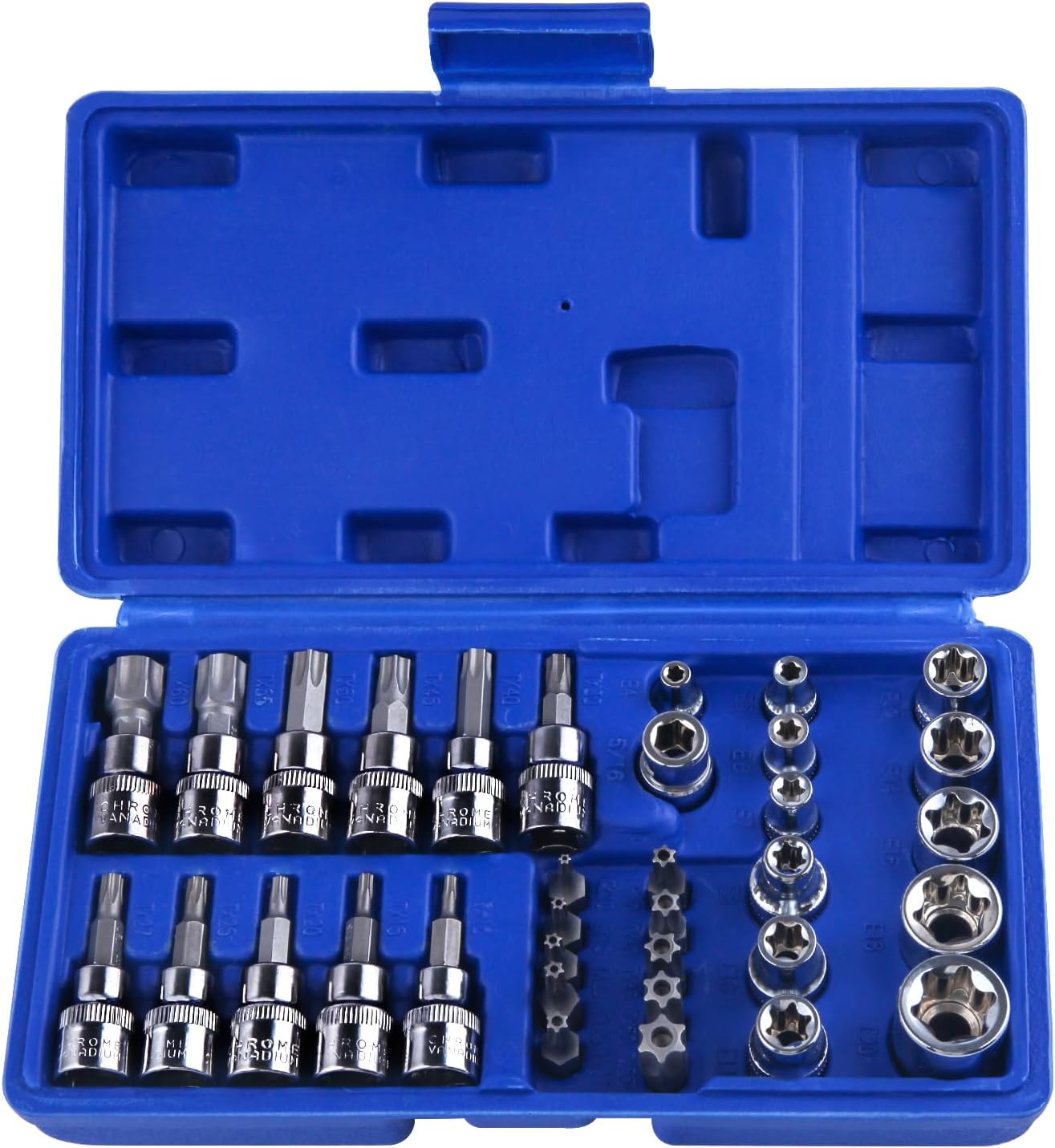 34 PCS Torx Bit Socket Set, E Socket Set E4-20, Torx Bit Socket Set T10-60, Tamper Proof Torx Bit Set TT10-TT55, 5/16"F to 3/8"M Adapter, with Storage Case For Hand Use Work On Auto Mechanic