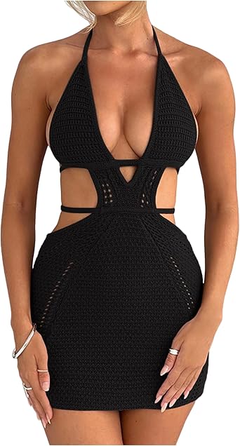 Womens Sexy Halter Hollow Out Knitted Mini Dress Sleeveless Backless Lace Up Bodycon Summer Beach Dress