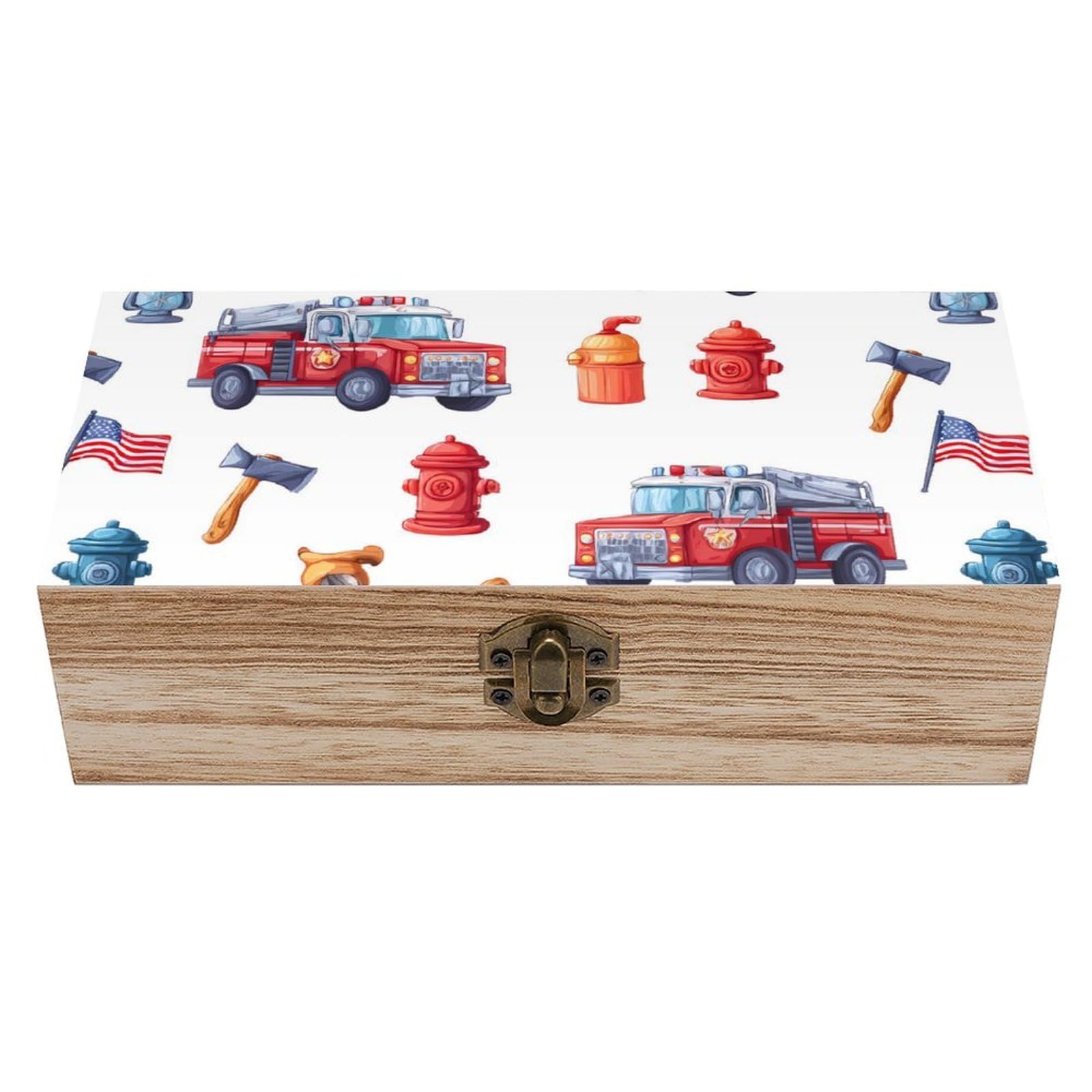 HLBSDM Fire Truck Firefighter Wooden Box with Hinged Lid Decorative Storage Case Container