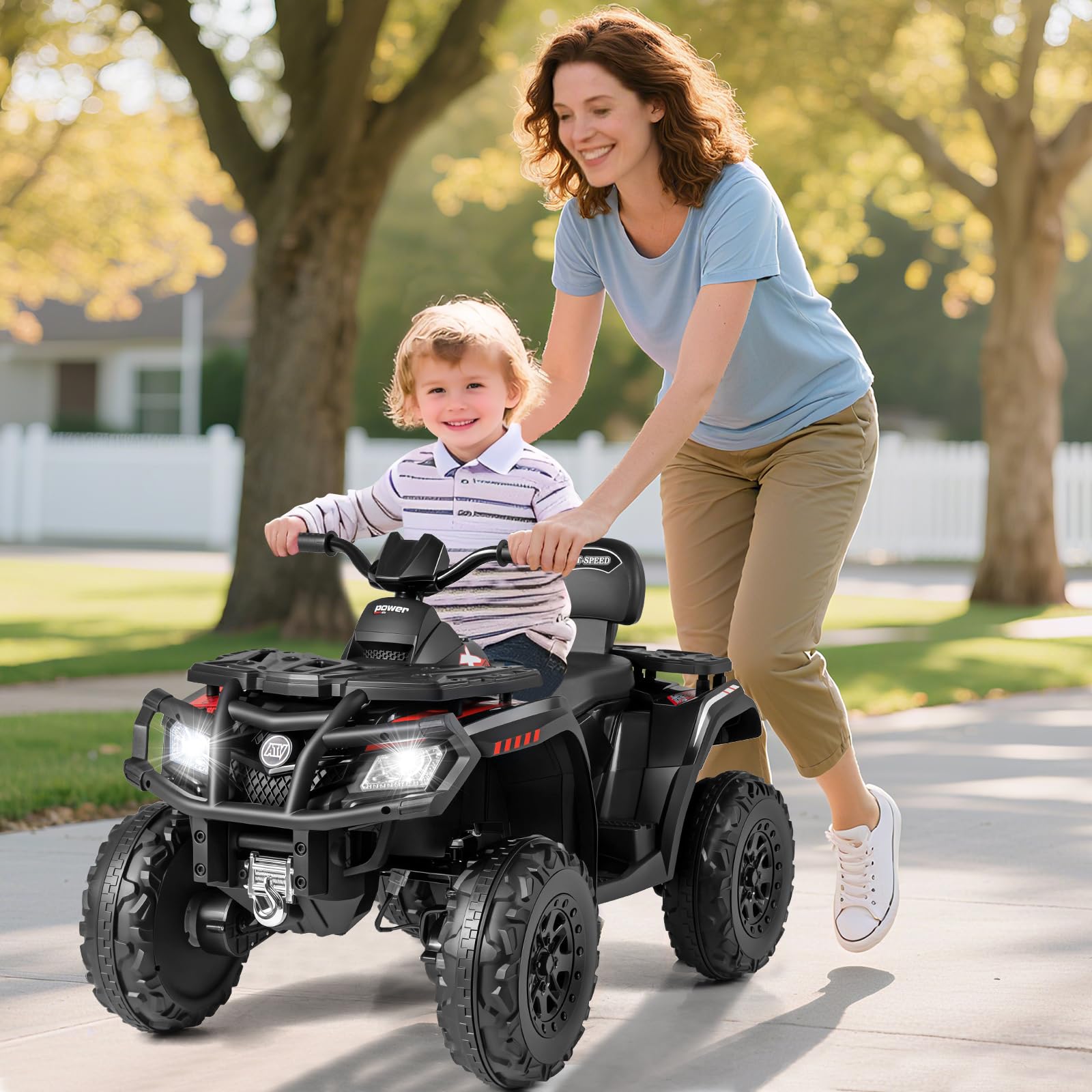 COSTWAY Quad Électrique Enfants 24V avec 4 Moteurs, Voiture Électrique Enfants 2 Places avec Lumières LED, Musique, Marche Avant/Arrière, Frein, 2 Vitesses 3-8 km/h, Charge 59 kg, pour 3-8 Ans (Noir)