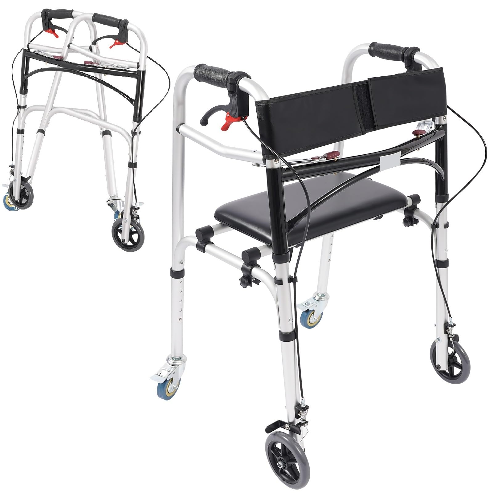 Height Adjustable Walkers for Seniors, Folding Walker with Detachable Seat, Stand Up Walker with Lockable Wheels, Medical Walking Mobility Aid, 440lbs Rolling Walker for Adult