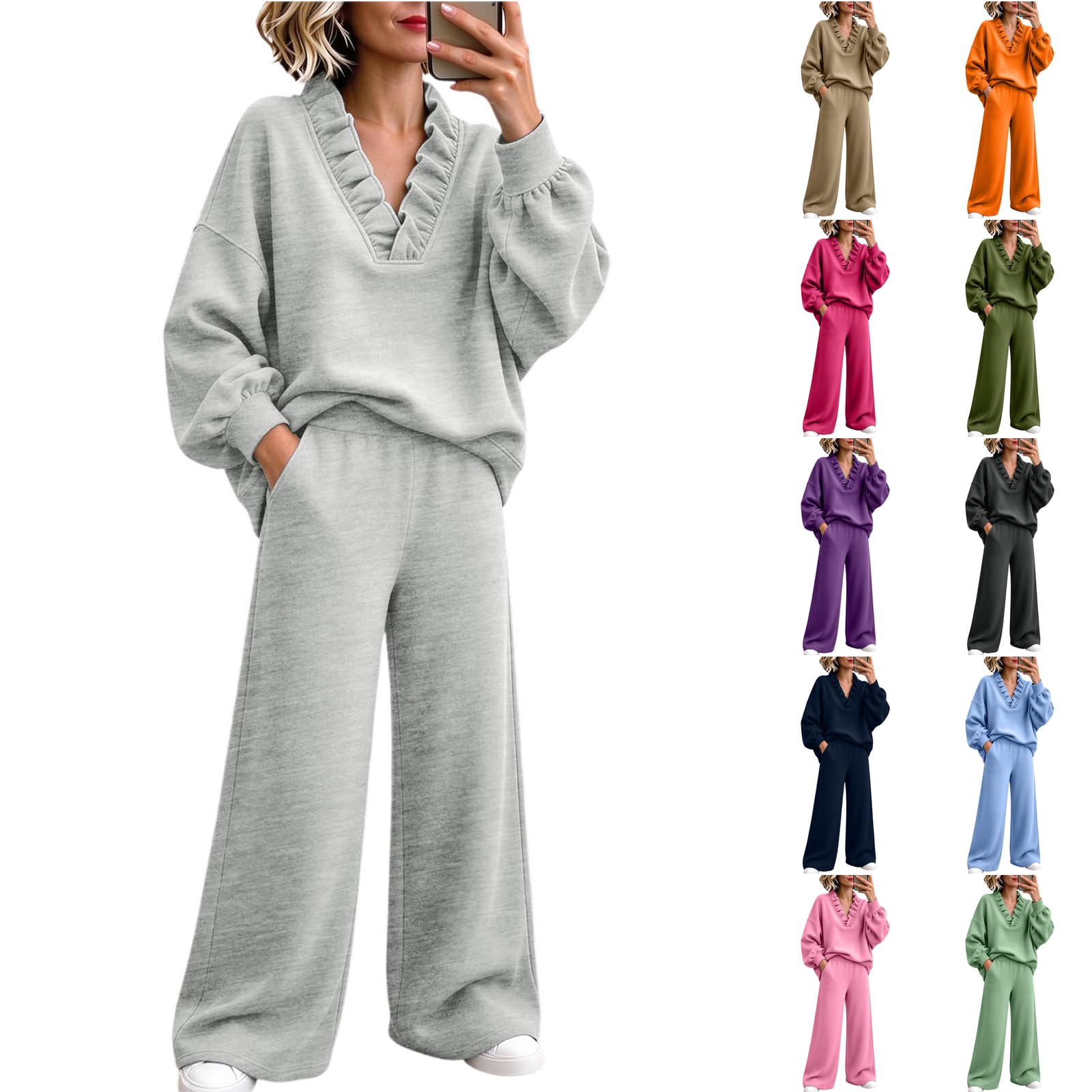 Women'S Ruffled V Neck Sweatsuits Sets Oversized Sweatshirts Tracksuits