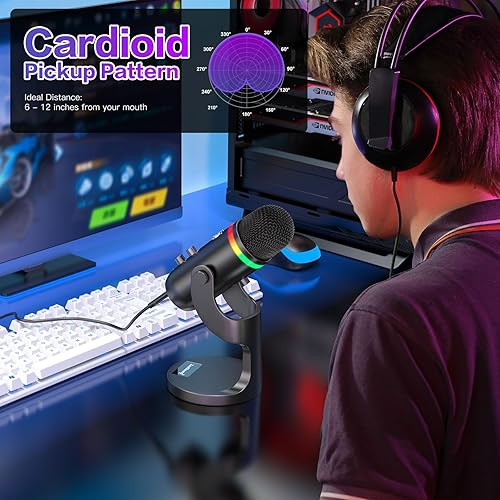 Miniatura 6 de ZealSound Micrófono USB para iPhone, micrófono condensador de cancelación de ruido con silencio táctil, ganancia, eco, monitoreo, RGB para iPad, PC,