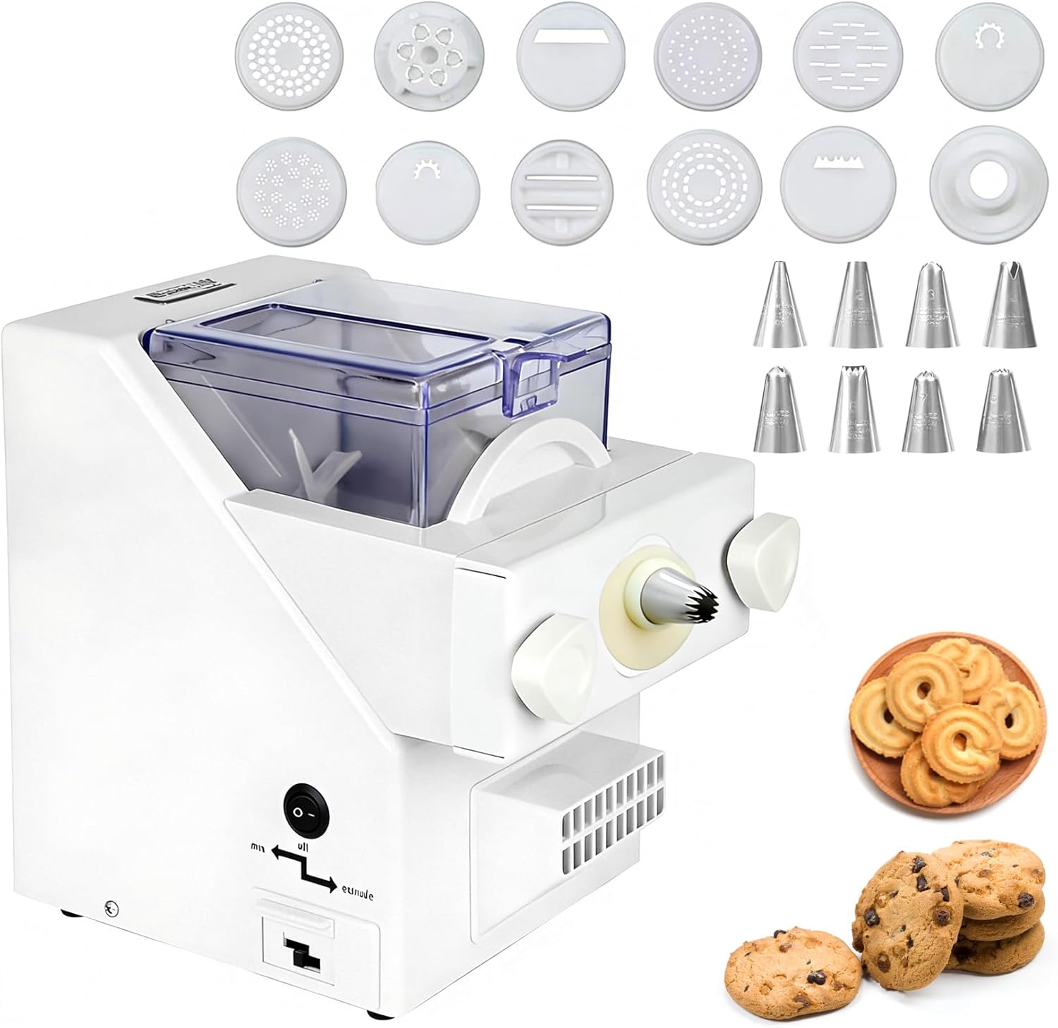 Automatic Cookies Making Machine, Electric Cookie Press Set, 50-60 RPM Biscuit Form Maker with Replaceable Discs and Icing Tip, for Cake Dessert DIY Maker and Decoration
