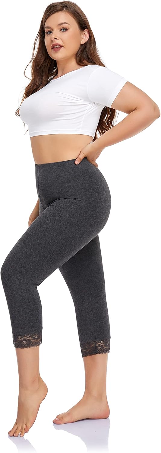 Plus Size Capris Leggings for Women，Lace Trim Stretch Crop Leggings Workout Casual Tights Pants - Image 4