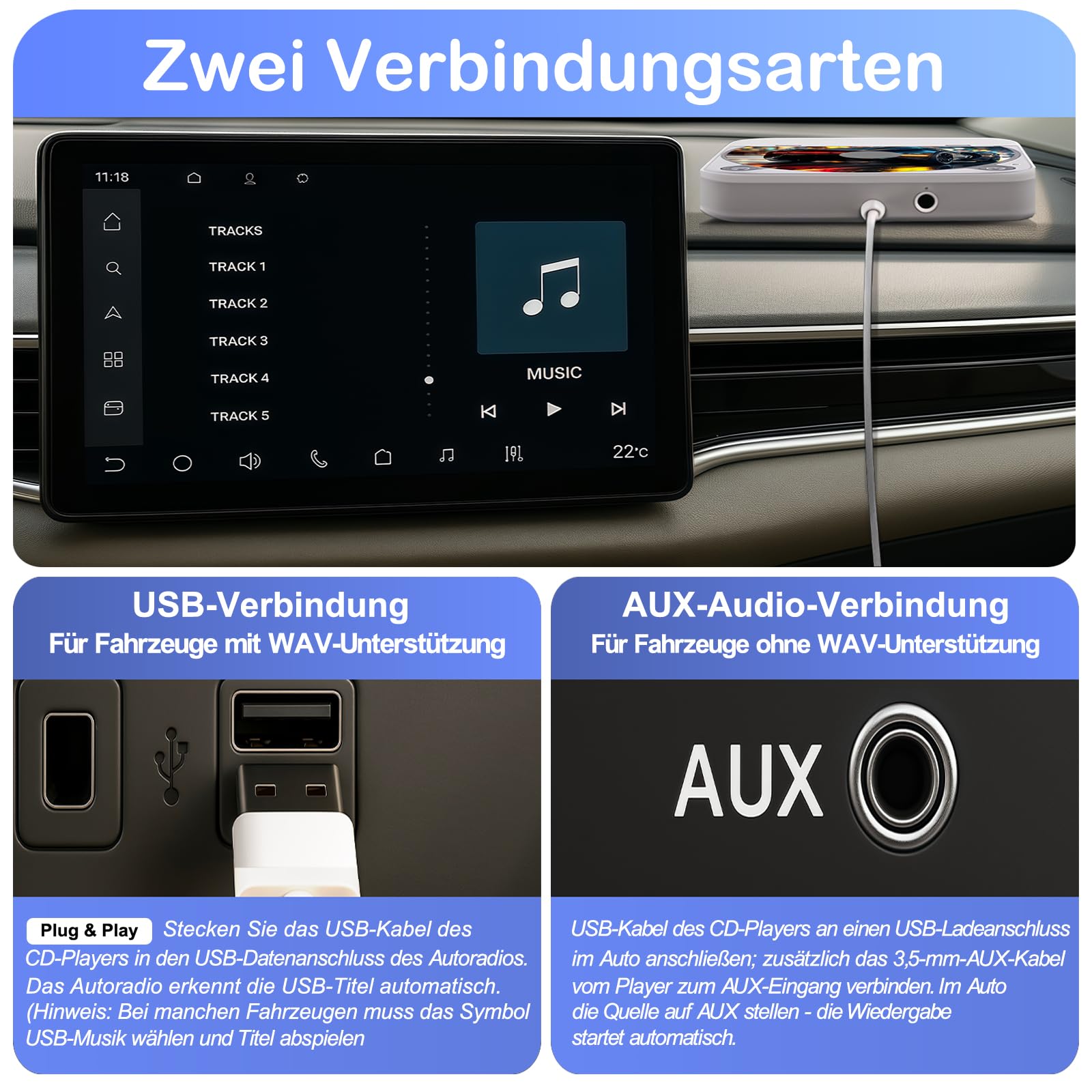 Tragbarer externer CD-Player für Auto: Plug-and-Play, mit USB & AUX, universell für Fahrzeuge, Laptop, TV, PC sowie Android 4.4+ Navigation