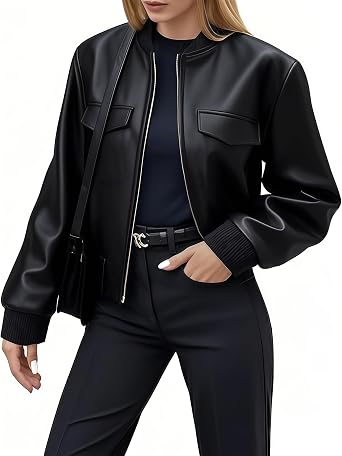 Ommiivex Women Leather Jacket Faux Cropped Bomber Coat Cute Short for Casual Vacation Travel College Going Out Classy Outfit