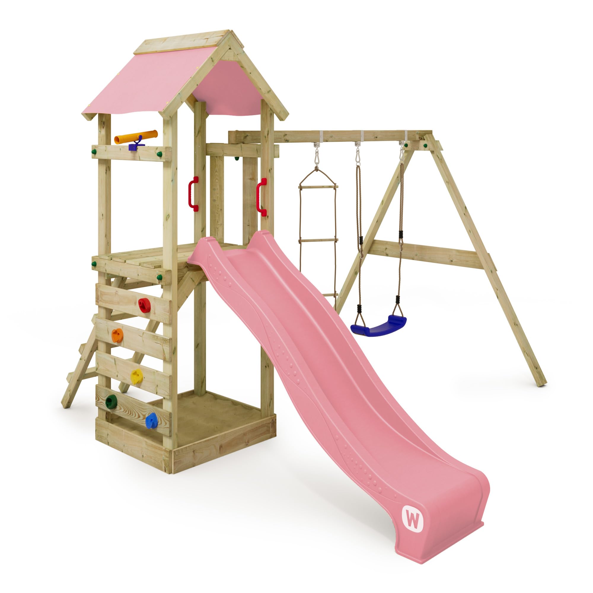 Wickey Pastel Pink Wooden Climbing Frame Freeflyer With Swing Set & Slide, Outdoor Kids Playhouse With Sandpit, Climbing Ladder & Play-Accessories For The Garden - Pink Pastel