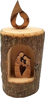 Holy Land Olive Wood Candle Nativity Log from Israel, Jesus Mary and Joseph Christmas Decoration, Full Branch Section with Bark and Wooden Flame