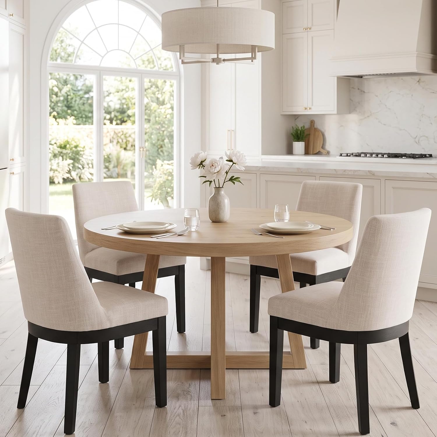 RIVOVA Upholstered Dining Chairs Set of 4, Modern Wooden Dining Room Chair Linen Fabric Kitchen Chairs Farmhouse Dinner Chair with Black Hardwood Frame, Beige