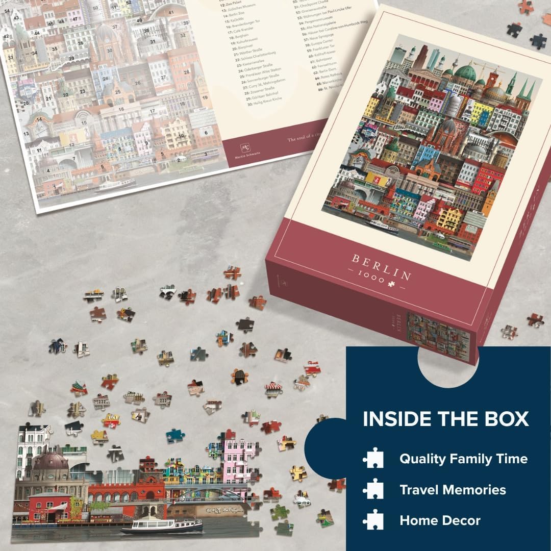 Martin Schwartz 1000 Piece Jigsaw Puzzle for Adults – Cityscape Illustration of Berlin – Detailed Puzzles for Adults, Includes Poster & Building List, 19.7”x27.5, Perfect Board Game for Family Fun