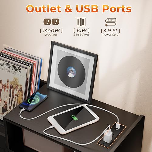 Miniatura 4 de Loomie Soporte grande para tocadiscos negro con toma de corriente y luz LED, gabinete de almacenamiento de discos de vinilo de hasta 350 álbumes,