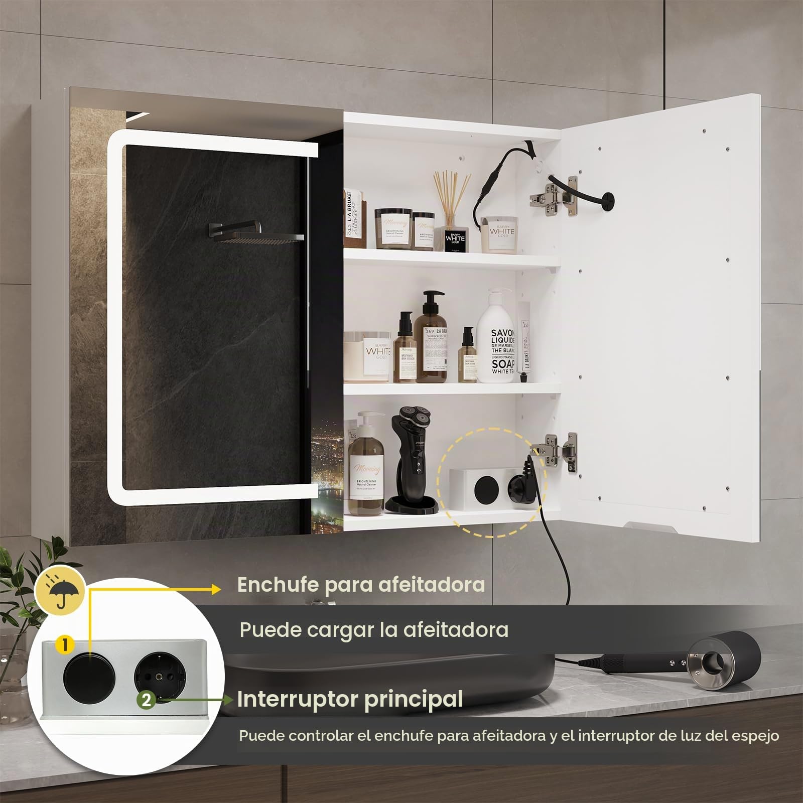 DICTAC Armario de Baño Con Espejo e Iluminación, 80x16x60 cm, Con Enchufe, Puerta Doble, Estante, Interruptor de Sensor Táctil, 80 cm de Ancho