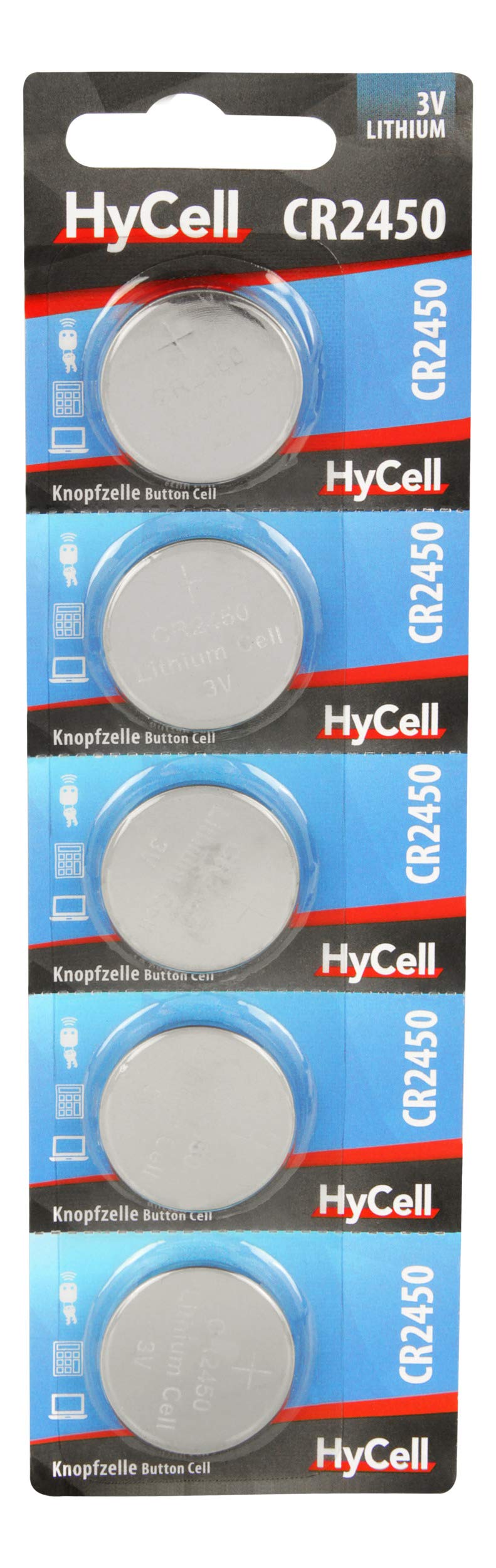 HyCell Pack of 5 Lithium Button Cells CR2450 3V - Button Batteries with First-class Quality, Long Durability and Strong Capacity/Ideal for Remote Control, Clock, Camera, Radios, etc.
