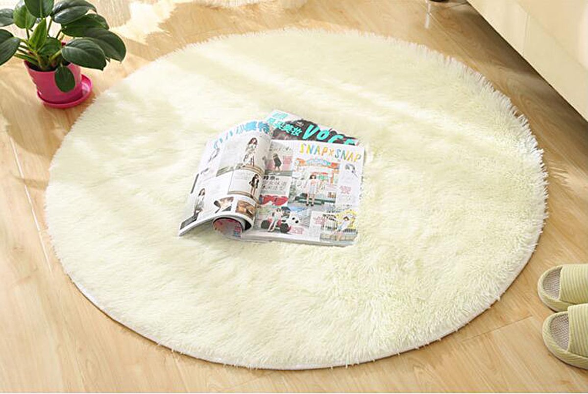XINYUKEJI.Round Silk Yoga Carpet for Living Room Bedroom and Bathroom Round Circle Plain Modern Shaggy Rugs Mats Circular Thick Soft Rug (White, 80cm)
