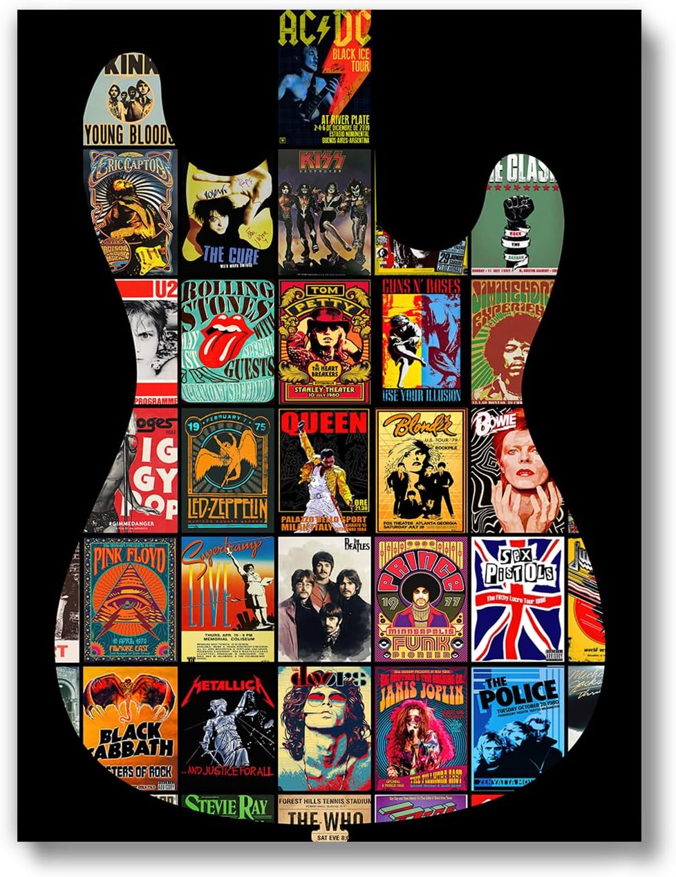Classic Rock Music Poster (UNFRAMED 12 x 16) Vintage Album Covers 70's 80's Bands Wall Art Teen Boy Room Girl Room Retro Concert Wall Art Prints Bedroom Mancave Dorm - Classic Rock Guitar