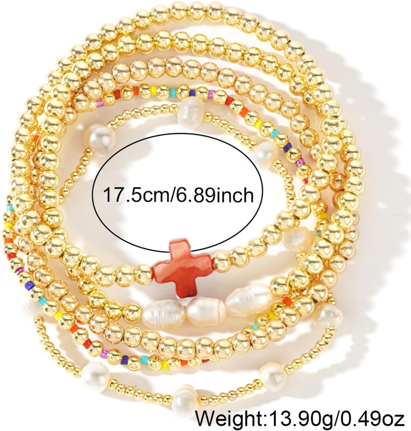 Gold Bracelets for Women, Beaded Cross Stack, Non Tarnish Set，Set-1 image 5
