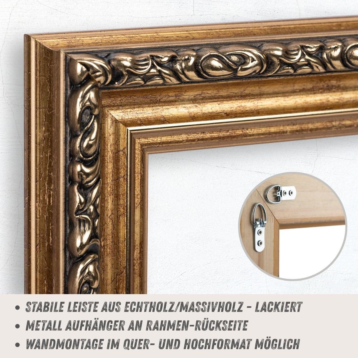 N°68 Barock Bilderrahmen 60x90 cm Bildmaß, Bronze, Massivholz | breite Echtholz-Profilleiste, Acrylglas glasklar & bruchsicher, Vintage-Stil, HDF-Rückwand, Metallaufhänger, handgefertigt