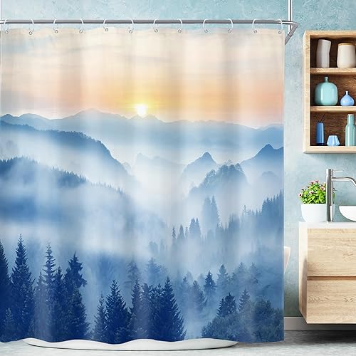 Miniatura 52 de Riyidecor Cortina de ducha de montaña verde rústica para baño, paisaje de bosque, paisaje, tela impermeable, paisaje alpino, decoración de baño