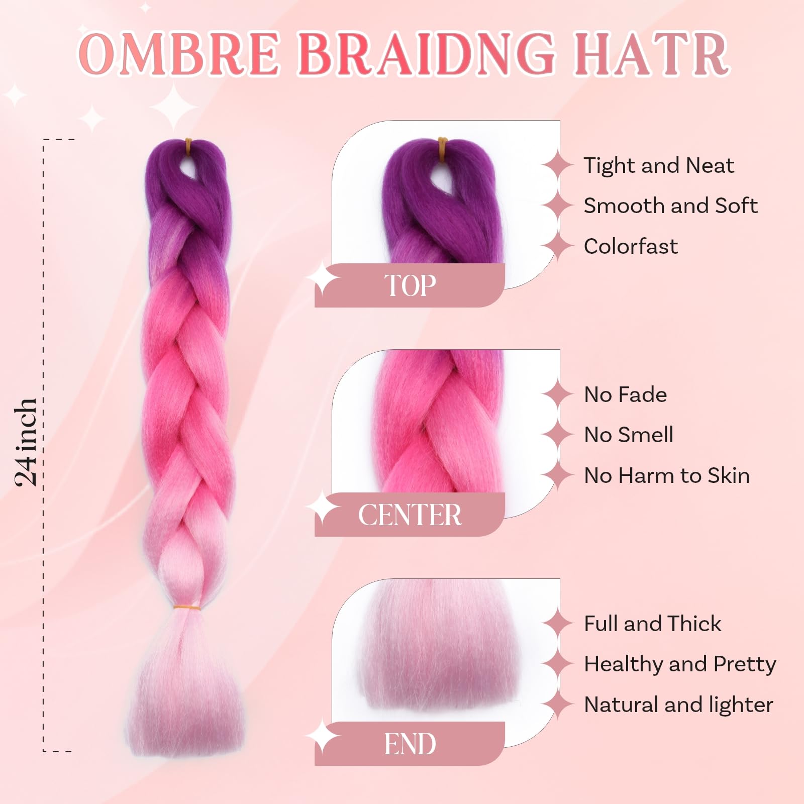 SEGO Pro Braiding Hair Extensions 24 Inch Yaki Synthetic Jumbo Box Braid Hair for Crochet Twist Braids for Women Pack of 1 (Purple to Peach Pink to Pink) - Image 2