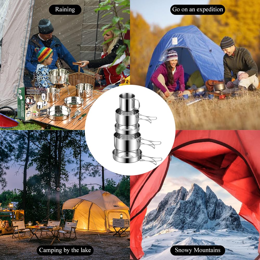 Set di Pentole da Campeggio, Set di Stoviglie da Campeggio, Set di Posate Pieghevoli per Esterni, Per Campeggio, Attività All'aperto, Escursioni, Picnic(Set da 5 pezzi)