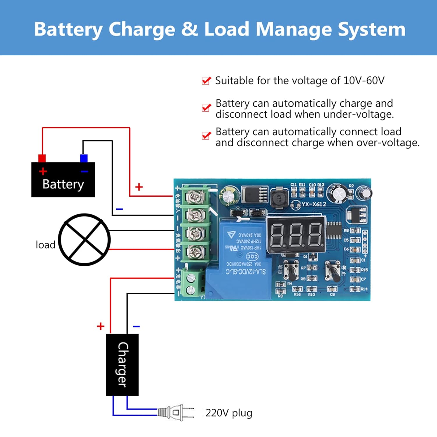 Battery Charging Controller Module 10V-60V 30A, Undervoltage Low Voltage Cut Off Switch Regulator with LCD Display, Automatic Protection for Storage Battery and Lithium Battery