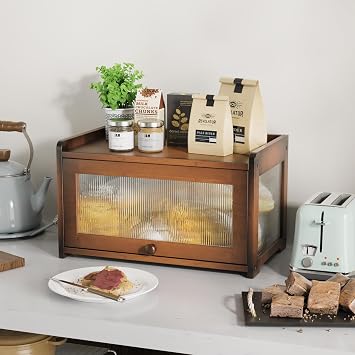 BAMBANG Bamboo Bread Box for Kitchen Counter, Bread Bin Farmhouse Bread Box, Wooden Bread Bin Bread Storage Container for Homemade Bread, Amber