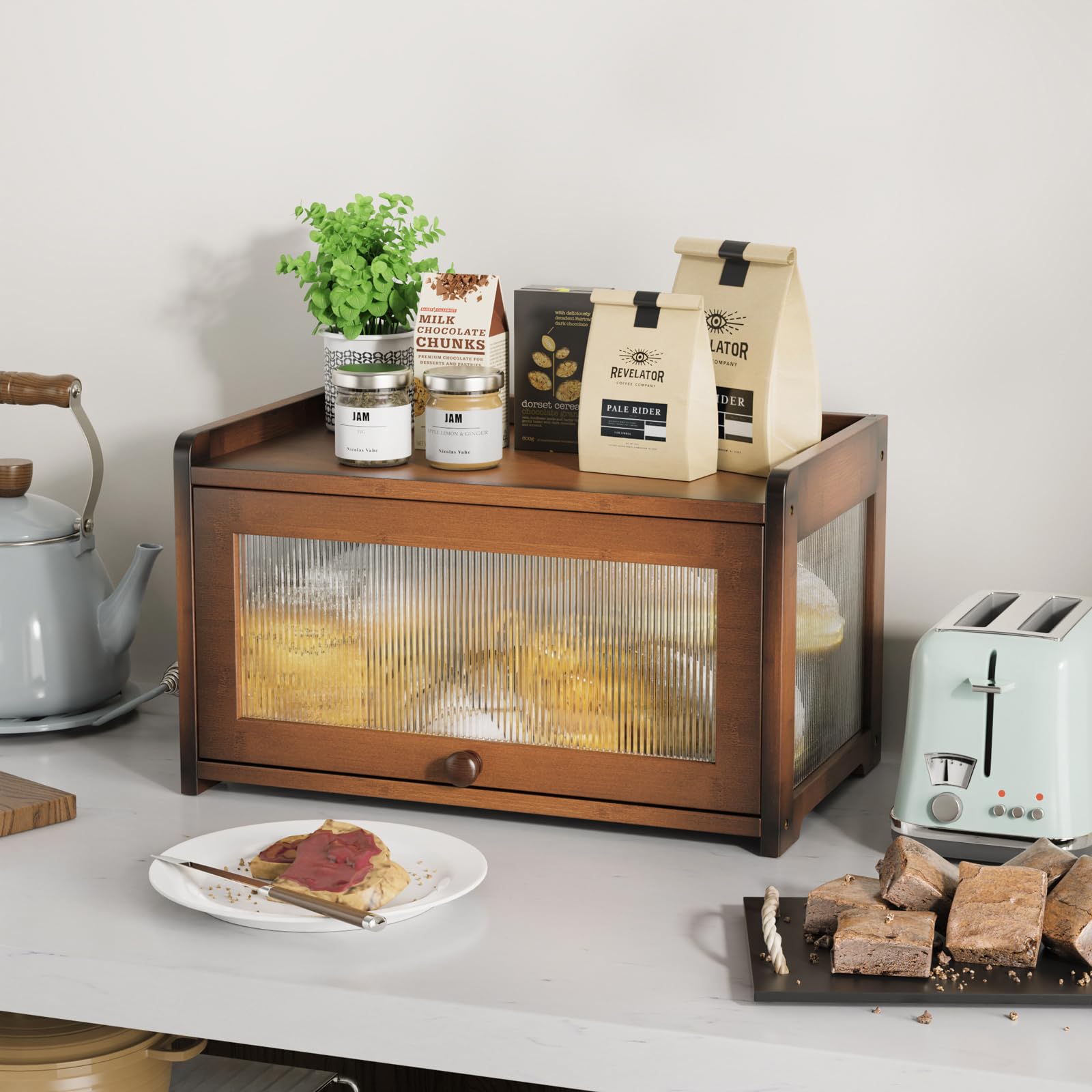 BAMBANG Panera de bambú para encimera de cocina, contenedor de almacenamiento de pan de gran capacidad, caja de pan de granja con 3 lados ondulados y ventana trasera transparente, soporte para panera