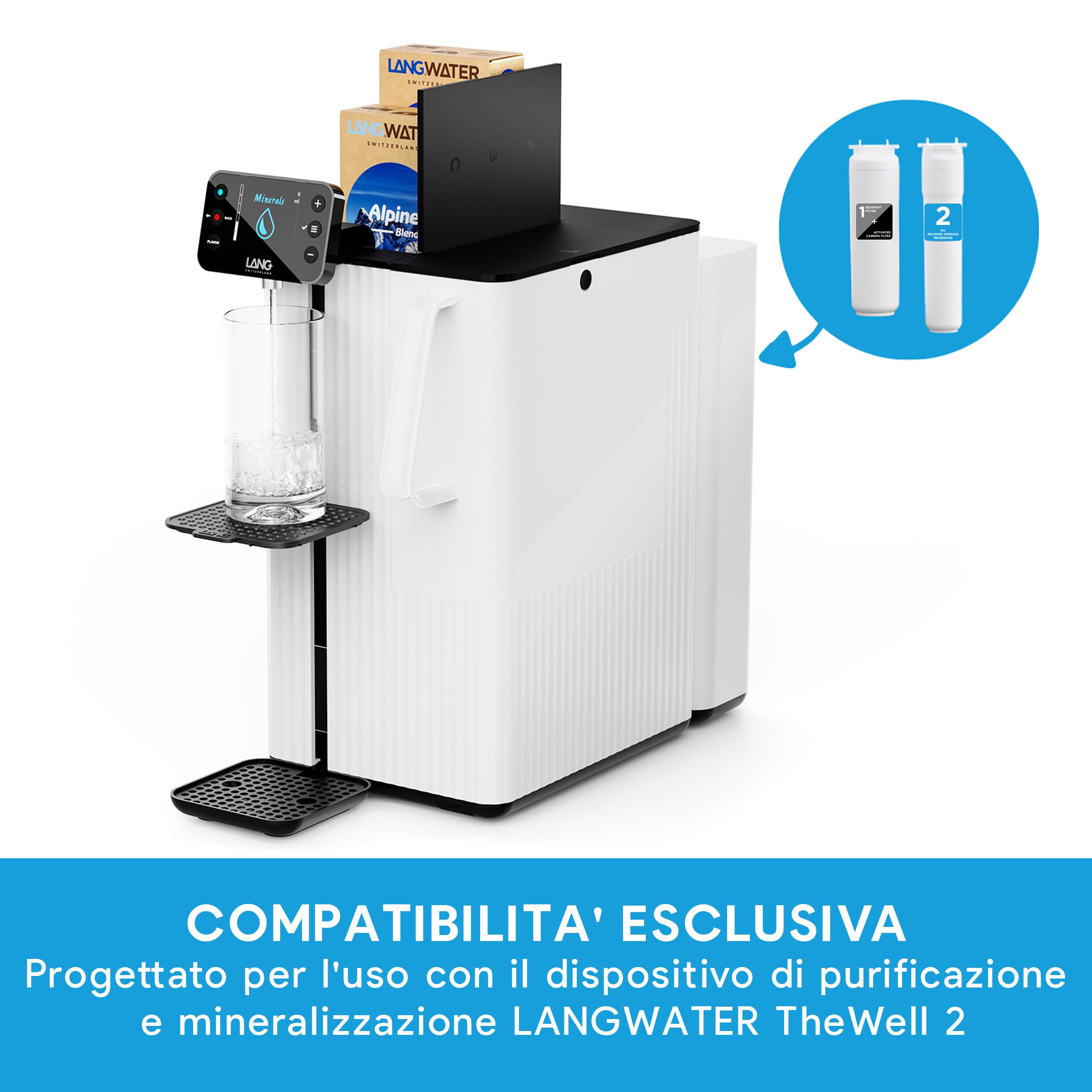 LANG WATER Set di filtri di ricambio per il purificatore d'acqua TheWell 2. Filtro 1 sedimenti combinato con carbone attivo, filtro 2 Osmosi inversa certificato NSF 58, anti-tartaro, facile da