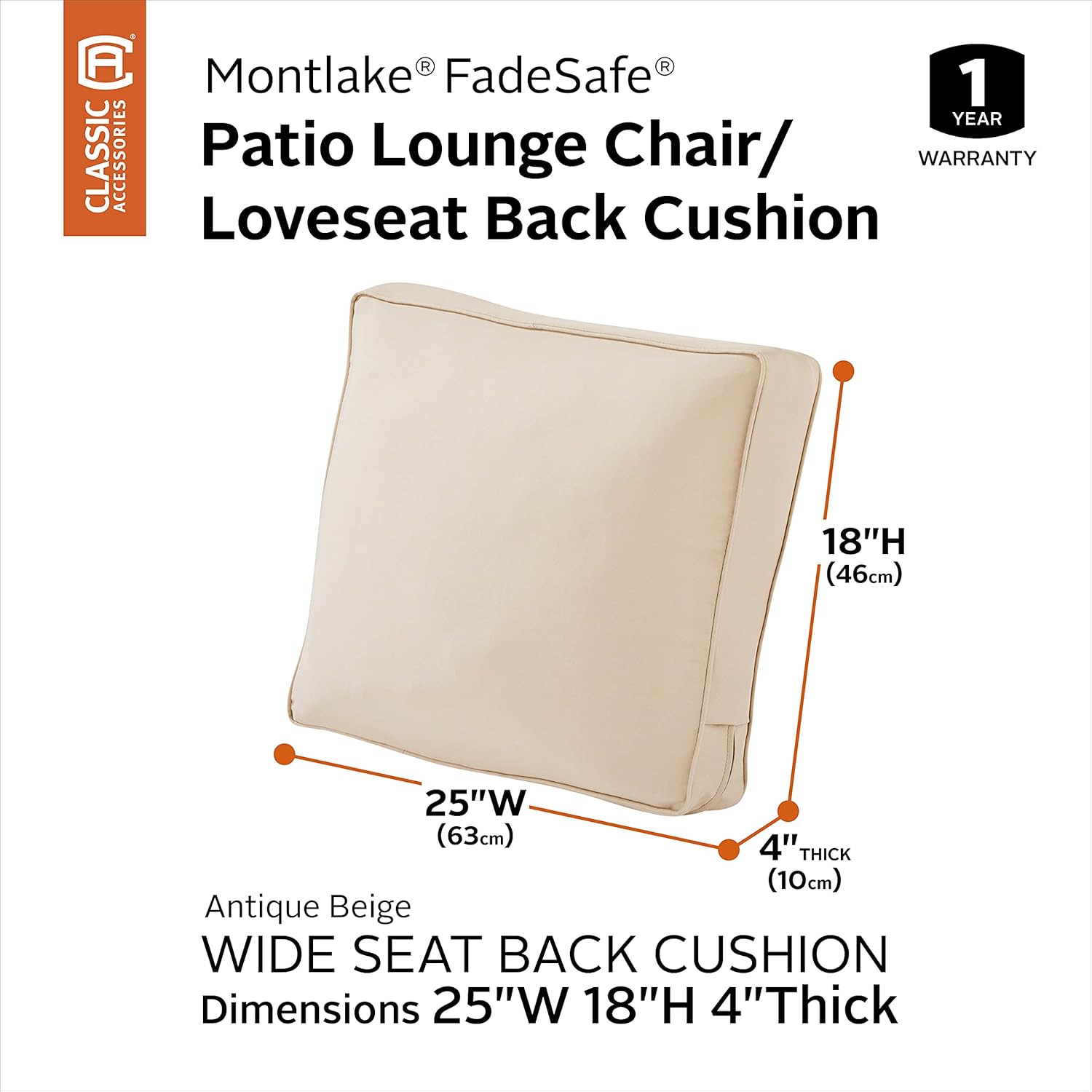 Classic Accessories Montlake FadeSafe Patio Lounge Chair/LoveSeat Back Cushion, 25 x 18 x 4 Inch, Antique Beige, Patio Furniture Cushions