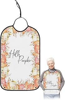 Adult Bibs for Elderly Women - Thanksgiving Waterproof Dining Clothing Protectors with Crumb Catcher for Eating/Feeding, Orange Yellow Pumpkin Pink Flower Grey Leaves Terry Cloth Bib Washable