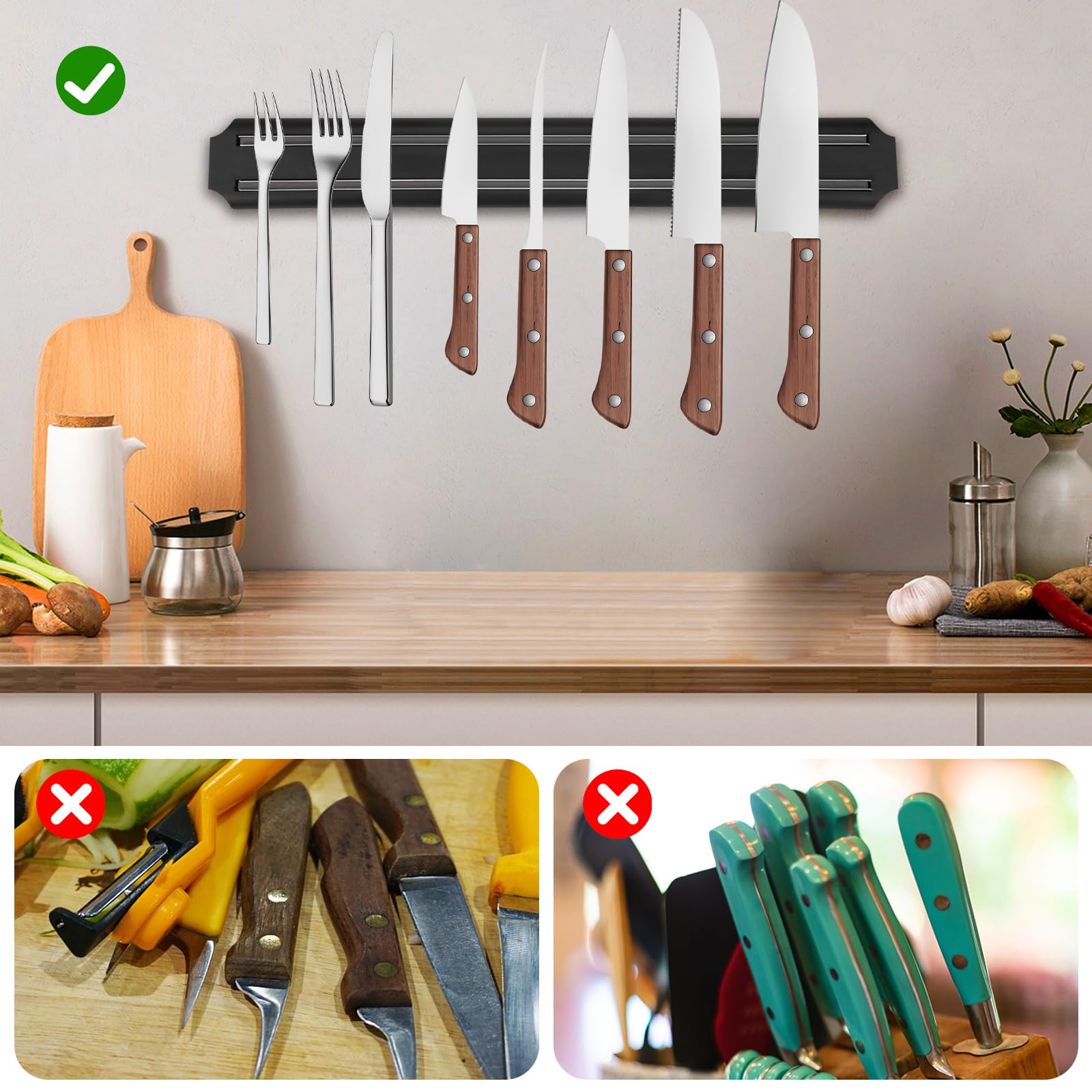 3 Piezas Soporte Magnético Cuchillos, 33cm Barra Magnética para Cuchillos de Acero Inoxidable, Soporte Magnético para Cuchillos Cocina, Barra Magnética Universal con Imán Fuerte y 6 Tornillos