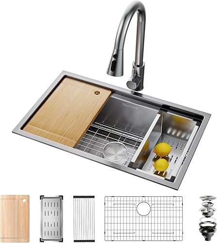 Fregadero de cocina de montaje inferior de 30 x 19 pulgadas, fregadero de estación de trabajo de acero inoxidable con tabla de cortar, estante de