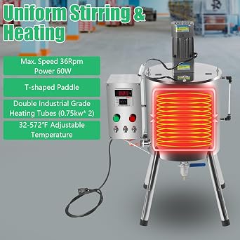 Electric Heating Mixing Filling Machine 15L/30L 60W Efficiency Stainless Stirring Tank Lipstick Candle Paste Heat Filler Tool Temperature Display Efficient Filling Removable Design (4gal)