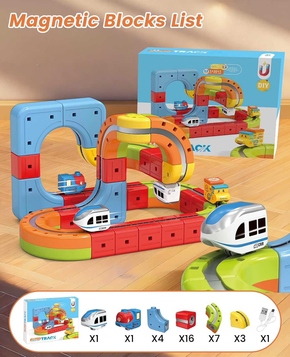 Electric Train Set for Kids with 2 Trains, Infinity Racer 3D Train, DIY Railway Block- Cube Track Train Toys, STEM Gravity-Defying Magnetic Train Track for Boys Girls 4 5 6 7 8+ (Medium)