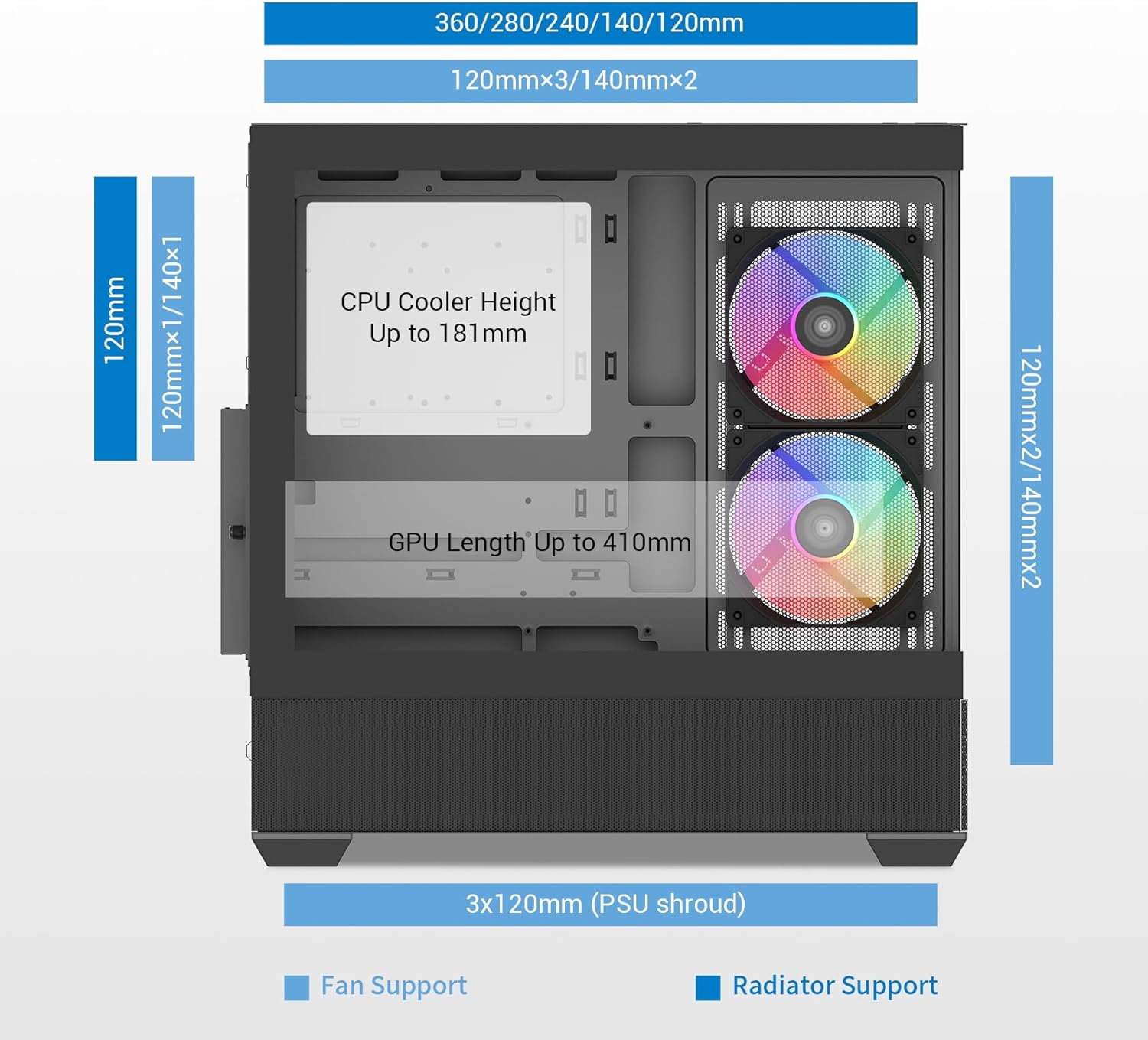 SAMA V40 Mid Tower ATX Case – 6 × 120mm ARGB PWM Fans Pre-Installed, Dual Tempered Glass Panels, Vertical Airflow, Dual-Chamber Design, USB 3.1 Type-C, 7 Slots, Supports ATX/MATX/ITX GPUs, Black image 6 of 9 B0DPLFH4K5